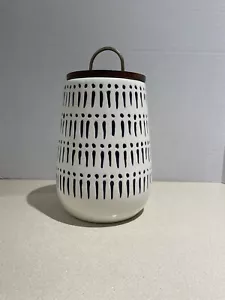 Pier 1 Hand Painted Earthenware White & Blue Canister w/ Wood Lid 9" - Picture 1 of 5