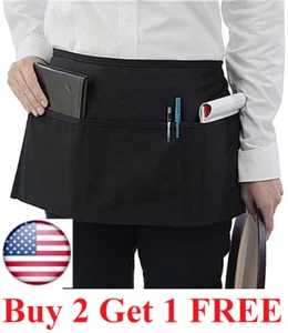 Half Bib Waist Apron Heavy Duty 3 Pocket Waitress Waiter Barista Workwear Unisex - Picture 1 of 7