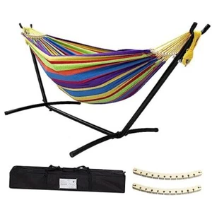 Double Hammock with Stand Included 450lb Capacity Steel Stand, Cotton Tropical - Picture 1 of 7