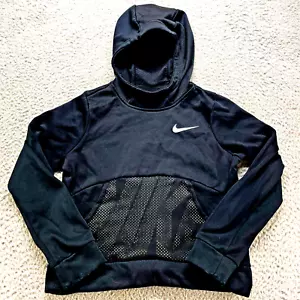 Nike Sweater Boys Medium 34 Black Hoodie White Logo Mesh Dri Fit Pullover Youth - Picture 1 of 14