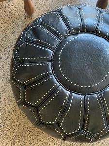 Moroccan Stitched Ottoman Pouf Pouffe Footstool NEW Goat Leather BLACK - Picture 1 of 6