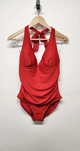 DKNY Women's Red Halter Top One Piece Swimsuit, Size Large, Tummy Compression - Picture 1 of 9