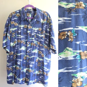Knightsbridge Mens 2X Rayon Button Up Aloha Shirt S/Sleeve Blue Tan Green Floral - Picture 1 of 7