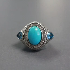 Dallas Prince Ornate Sterling, Turquoise, Blue Topaz & CZ Statement Ring Size 7 - Picture 1 of 11