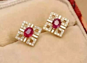 Women's 2Ct Oval Cut Lab Created Pink Ruby Stud Earrings 14K Yellow Gold Plated - Picture 1 of 7