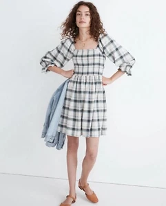 Madewell Medium Lucie Elbow Sleeve Smocked Mini Dress Square Neck Plaid - Picture 1 of 10