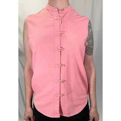 Camiseta sin mangas Bonjour vintage rosa abotonada de lino años 90 - talla M Foto 1 de 4