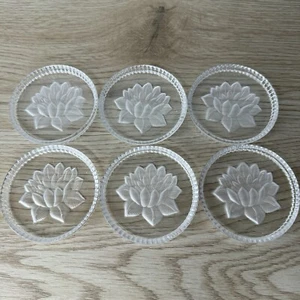 6 Glass Round Hand Made Lotus Flower Crystal Coasters Made In West Germany - Picture 1 of 6