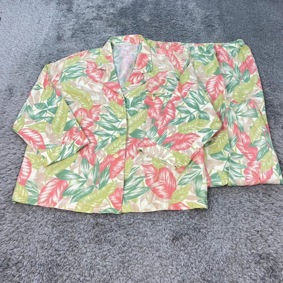 Preston York Suit Womens XL Floral LINEN Jacket Pants Tropical Hawaiian Set Vtg - Image 1 of 4