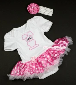Pure White Jumpsuit EASTER Bunny Rabbit & Hot Pink White Dots Baby Dress NB-12M - Picture 1 of 3
