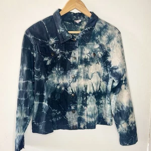 Giacca jeans donna PrAna tie dye denim bottoni davanti piccola boho hippie core blu - Foto 1 di 6
