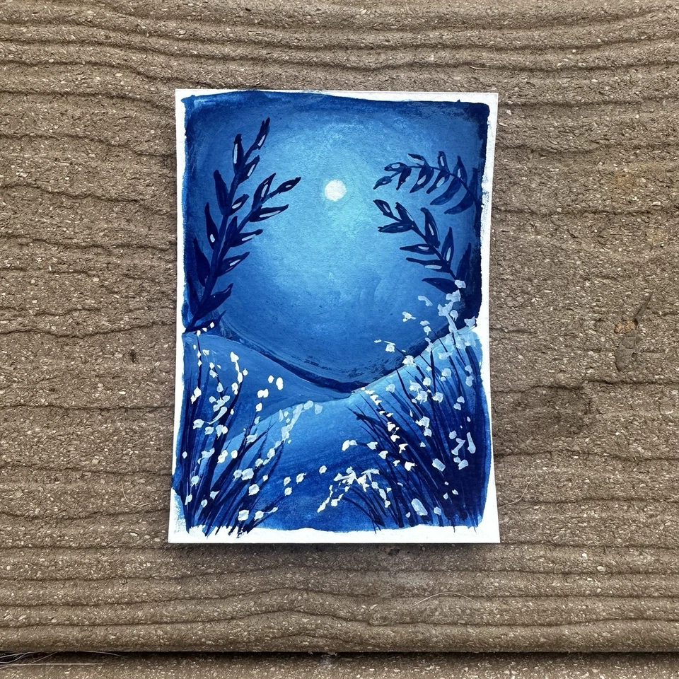 Tarjeta de arte de pintura gouache paisaje iluminado por la luna original Aceo Foto 1 de 1