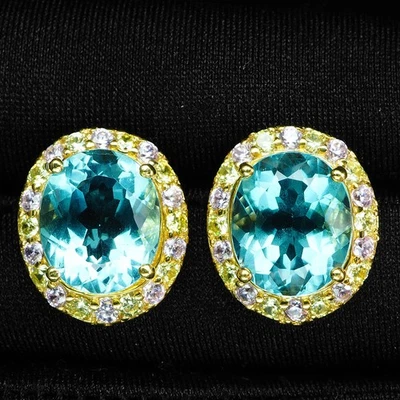 24K Gold 925 Sterling Silver Earrings Glamorous Sea Blue Aquamarine Oval 8.95Ct - Image 1 of 4