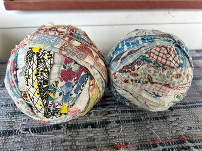2 VINTAGE Large PRIMITIVE FABRIC RAG BALL AUTHENTIC Multi Color Feed Sack 16" - Image 1 of 4
