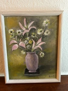 Vintage Still Life Acrylic Painting Floral Bouquet Vase 11x9 Lily Daisy Signed - Picture 1 of 5