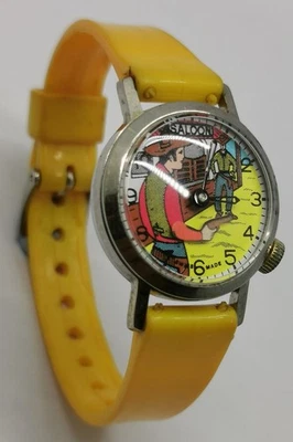 Reloj Amarillo De Colección Años 60 Base Vaquero Pistolero Salón Pistola Móvil Segunda Mano 26mm Foto 1 de 4