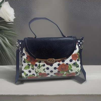 Sharif 1827 Large Crossbody Handbag Leather Black Polka Dot Roses Gold Tone Zip - Image 1 of 4