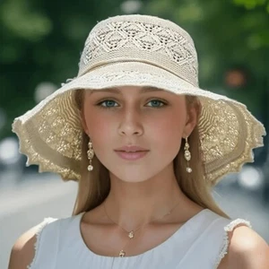 Ladies Summer Sun Hat Foldable Sun Cap Beach Wide Brim Floppy Straw Hat Spring - Picture 1 of 17