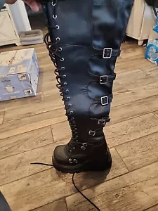 DEMONIA SHAKER-350 Women's 4" Wedge Platform Lace-Up Over-The Knee Side Zip Boot - Picture 1 of 8