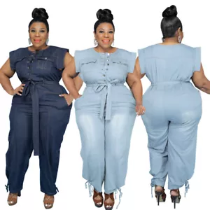 Neu Übergröße Damen ärmellos Knopf Bandage Patchwork lässig Denim Overall - Bild 1 von 10