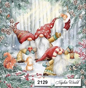 (2129) TWO Paper LUNCHEON Decoupage Art Craft Napkins - CHRISTMAS FOREST GNOMES - Picture 1 of 3