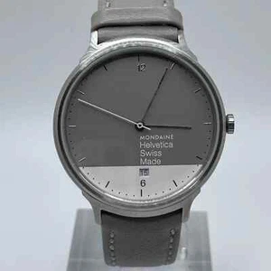 Mondaine Helvetica Watch Mens 38mm Case Date Gray Leather Band Quartz  - Picture 1 of 13