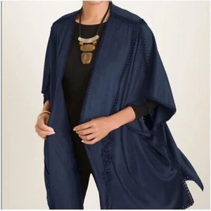 Chico's Women’s Faux Suede Navy Crochet Ruana Open Front Poncho/Wrap Sz-S/M - Picture 1 of 9