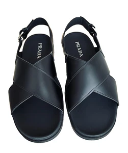 Authentic Prada Mens Black Crossover Leather Sandals UK 10 EU 44 New RRP £890 - Picture 1 of 7