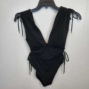 Robin Piccone Swimsuit Womens 10 Black One Piece Ruched Deep V Adjustable Ties - Picture 1 of 10