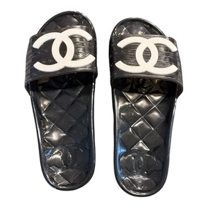 Chanel Pool Slides Transparent Jelly Slides - Black W/ White Logo - Size 38 - Picture 1 of 7