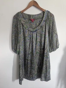 Monsoon Tunic Uk 14 100% Silk Paisley Print Half Sleeve Green Casual Unlined - Picture 1 of 12