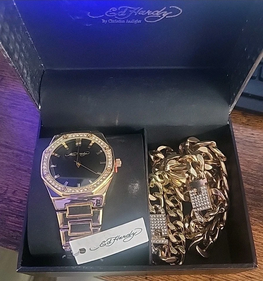 Ed Hardy 9747G-42-G27 Men's Shiny Gold-Tone Metal Bracelet Matte Black Watch