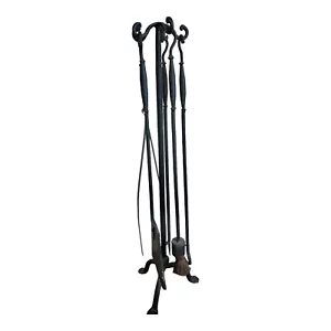 VINTAGE 5 PIECE FIREPLACE TOOLS BRUTALISTIC IRON BLACK - Picture 1 of 11