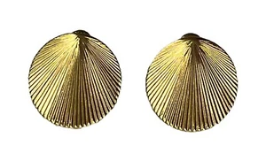 Vintage Signed Monet Earrings Gold-Tone Shell Pattern Pieced Orig. Signed Backs - Picture 1 of 6