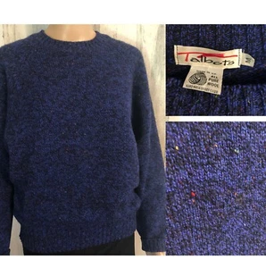vtg 80s TALBOTS Pullover Sweater Sz M Cobalt Blue Black Tweed Pure Wool Crew L/S - Picture 1 of 14