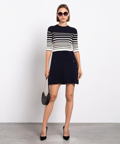 Abito Valentino in maglia a righe blu navy bianco oro nuovo con etichetta taglia S