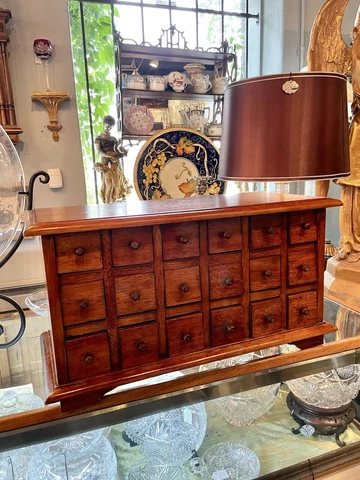 Antique 18 Drawer Hardwood Table Top Apothecary Cabinet Cover