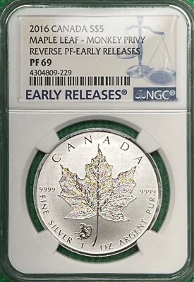 2016 Canada $5 Maple Leaf Monkey Privy Reverse Proof Early Release NGC PF 69 - Image 1 of 4