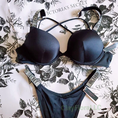Victoria's Secret BOMBSHELL Push Up BADE SET Strass Glanz Schwarz Logo  - Bild 1 von 4