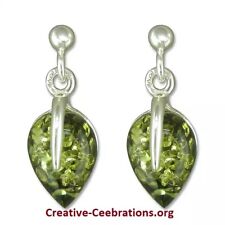 925 Sterling Silver Green Amber Leaf Dangle Drop Earrings Hallmarked
