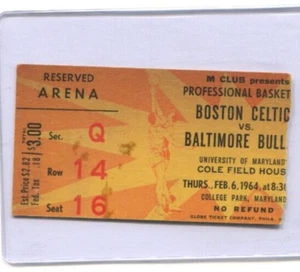 BOSTON CELTICS v BALTIMORE BULLETS - Feb 6 1964 Ticket Stub - Bill Russell 34 RB - Picture 1 of 1