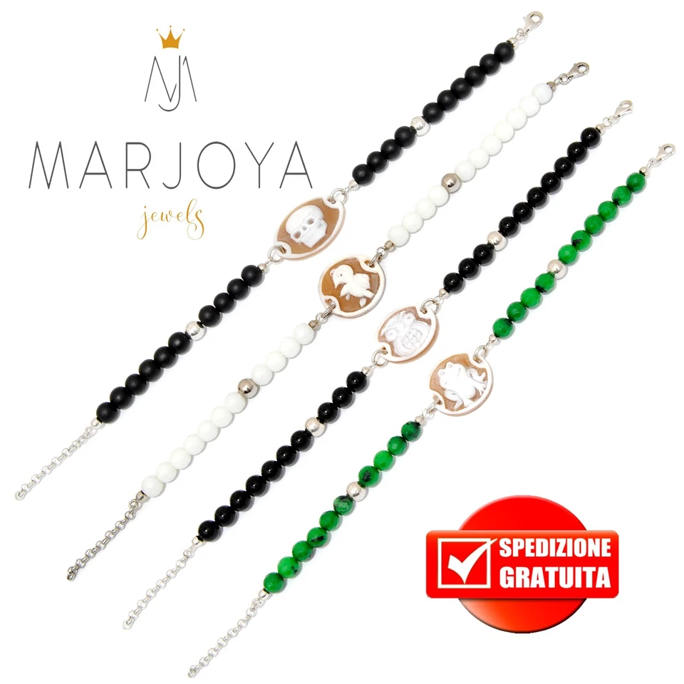 Bracciale con cammeo in argento 925 e pietre dure:teschio-rana-tartaruga-gufo - Immagine 1 di 1