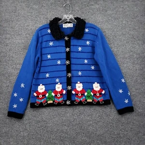 Jack B Quick Cardigan Womens M Medium Blue Christmas Santa Beaded Sweater Knit - Picture 1 of 11