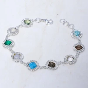 Facettiert Türkis, Multi Edelstein Handarbeit Silber Schmuck Armband 17.8-20.3cm - Bild 1 von 2