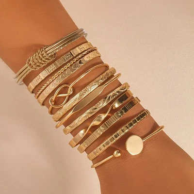 ✨ 12x Boho Armbänder Damen – Gold Armreifen Set verstellbar ❣️ Geschenk Idee ✨ - Bild 1 von 4