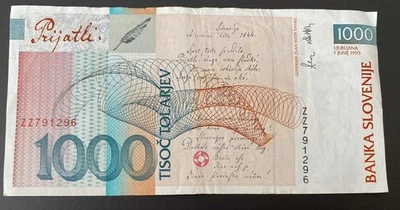 Eslovenia 1993 reemplazo muy raro 1000 Tolarjev prefijo: (ZZ 791296) ** EN MUY BUEN ESTADO ** Foto 1 de 2