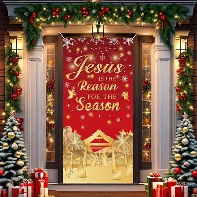 Nativity Scene Christmas Door Cover - Red and Gold Holiday Banner Decor - Image 1 of 4
