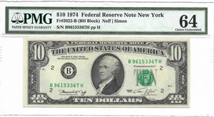 1974 $10 NEW YORK FRN. PMG Choice Uncirculated 64 Banknote. - Picture 1 of 2