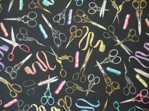 SCISSORS SEWING MEASURING TAPES SCISSOR VARIETY COLORS BLACK COTTON FABRIC FQ - Picture 1 of 8