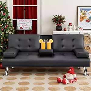 Futon Sofa Bed Living Room Convertible Folding Adjustable Recliner w/ Cup Hold - Picture 1 of 16
